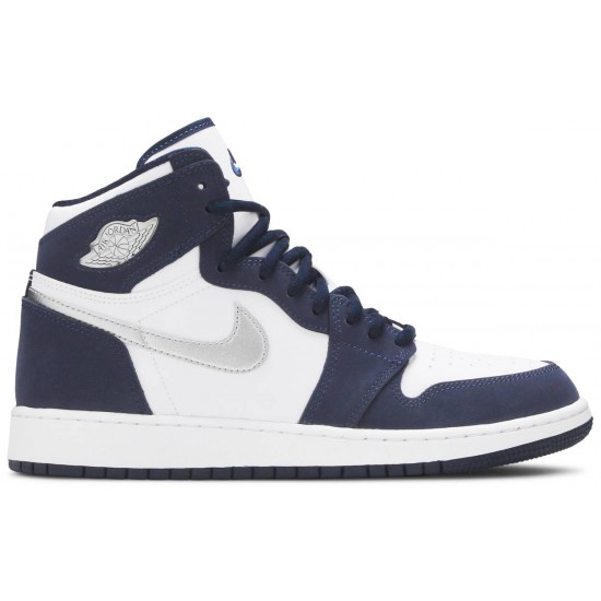 Jordan 1 Retro High co.JP GS 'Midnight Navy' 2020
 Bianco/Marina di mezzanotte/Argento metallizzato AJ 1 Scarpe 575441 141