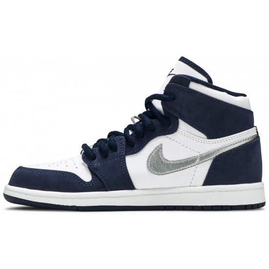 Jordan 1 Retro High co.JP PS 'Midnight Navy'
 Bianco/Marina di mezzanotte/Argento metallizzato AJ 1 Scarpe AQ2664 141