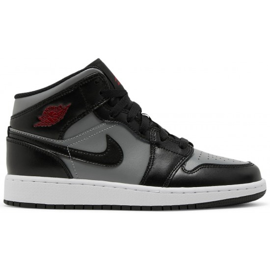 Jordan 1 Mid GS 'Shadow'
 Nero/grigio particellare/bianco/rosso palestra AJ 1 Scarpe 554725 096