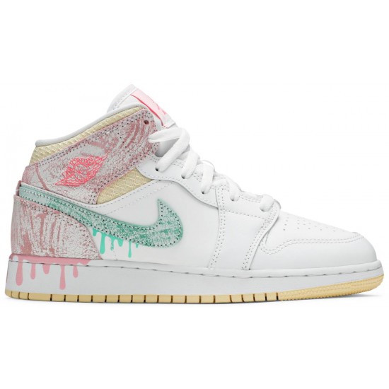 Jordan 1 Mid SE GS 'Ice Cream'
 Bianco/Pugno artico/Vaniglia pallido/Bagliore verde AJ 1 Scarpe DD1666 100