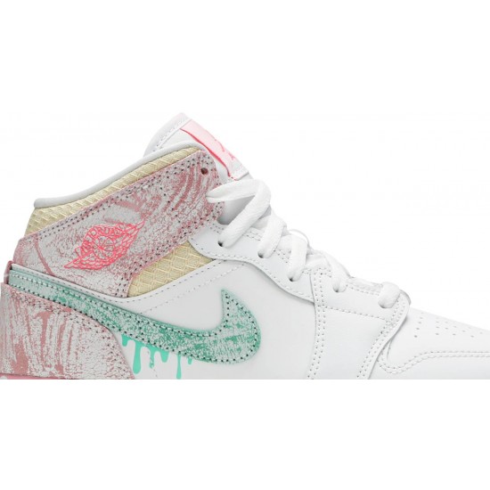 Jordan 1 Mid SE GS 'Ice Cream'
 Bianco/Pugno artico/Vaniglia pallido/Bagliore verde AJ 1 Scarpe DD1666 100